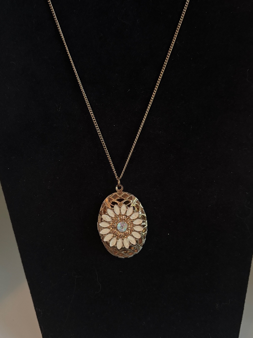 Vintage Gold Floral Locket Necklace with White Petal Accents